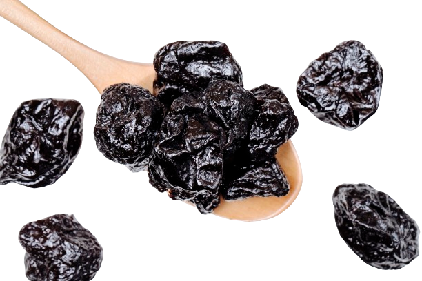 top view wooden spoon with dried plums prunes white background removebg preview